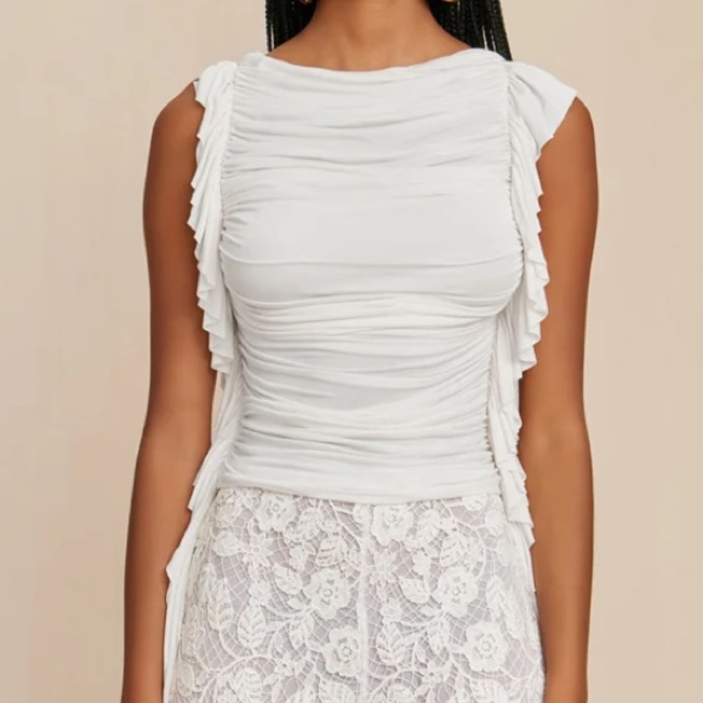 cult gaia White Ruched Ruffle Cap-Sleeve Top